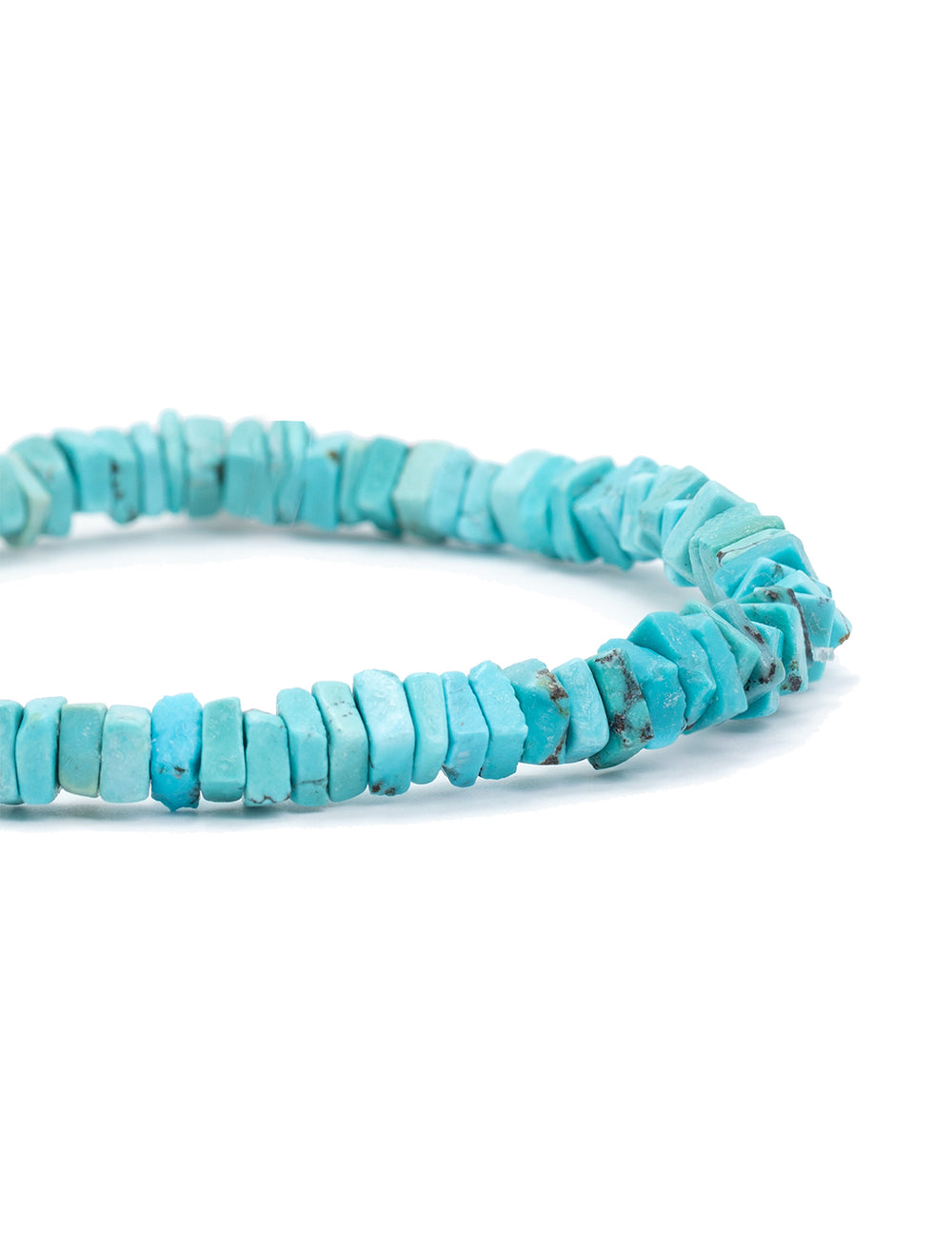 Close-up view of AV Max's turquoise squares stretch bracelet.