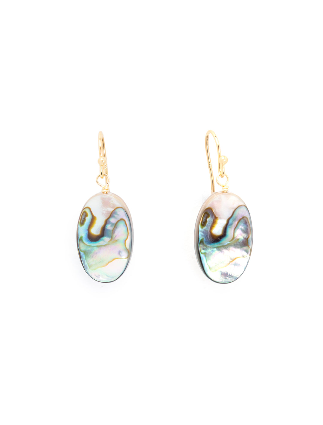 Front view of AV Max's oval abalone and mother of pearl earrings.