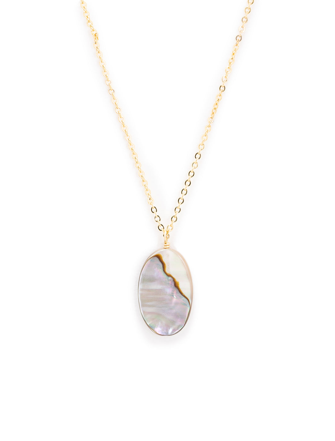 Front view of AV Max's oval abalone and mother of pearl pendant necklace.