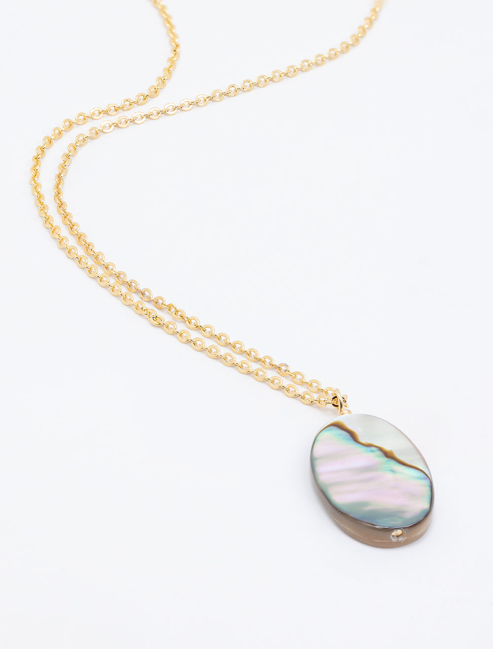 Close-up view of AV Max's oval abalone and mother of pearl pendant necklace.