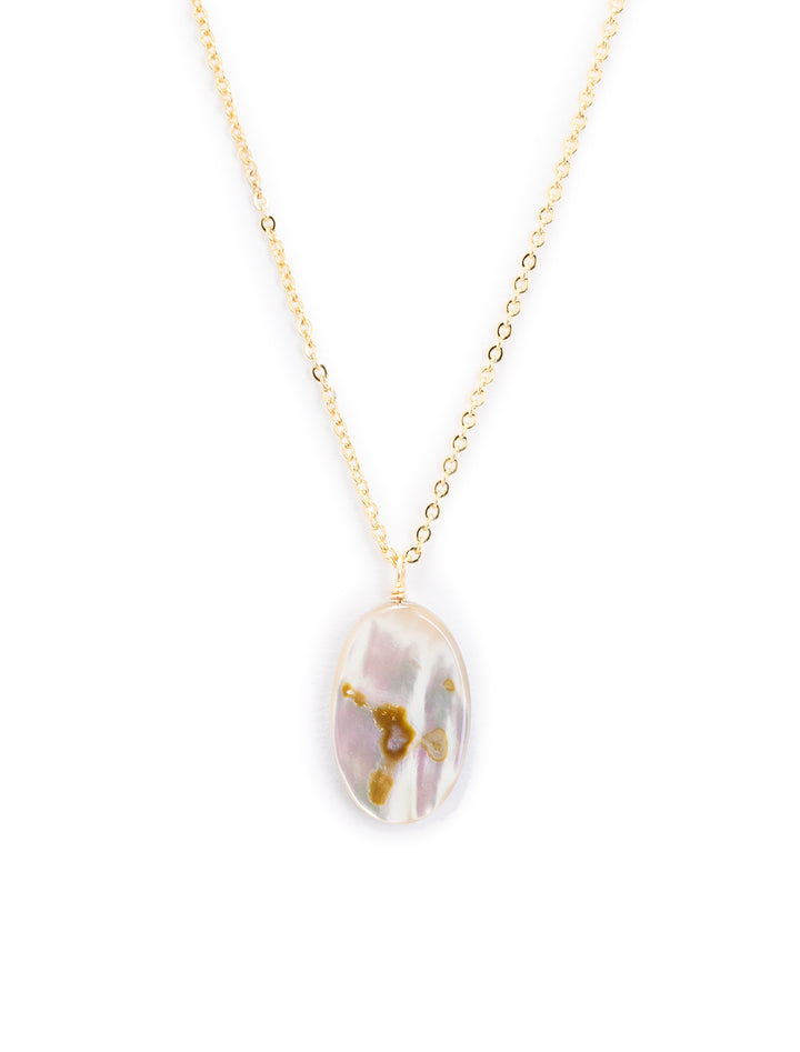 Back view of AV Max's oval abalone and mother of pearl pendant necklace.