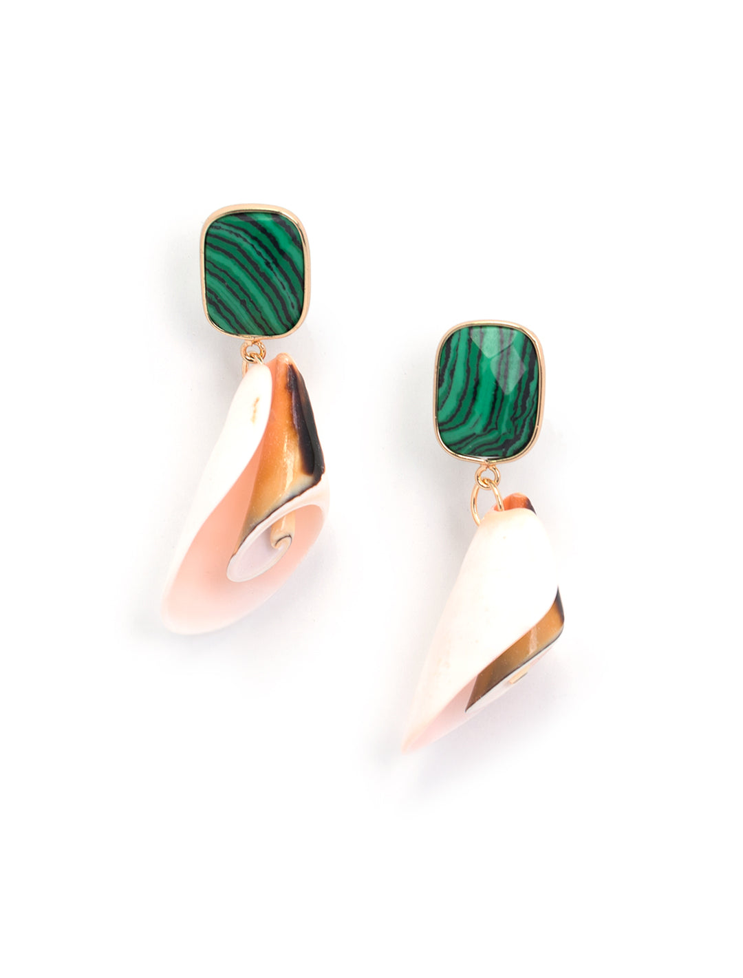 Front view of St. Armands' malachite and pink shell earrings.