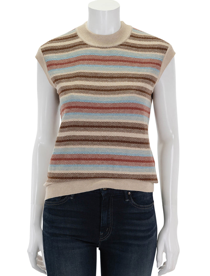 front view of cotton cashmere striped muscle tee in brown sugar combo