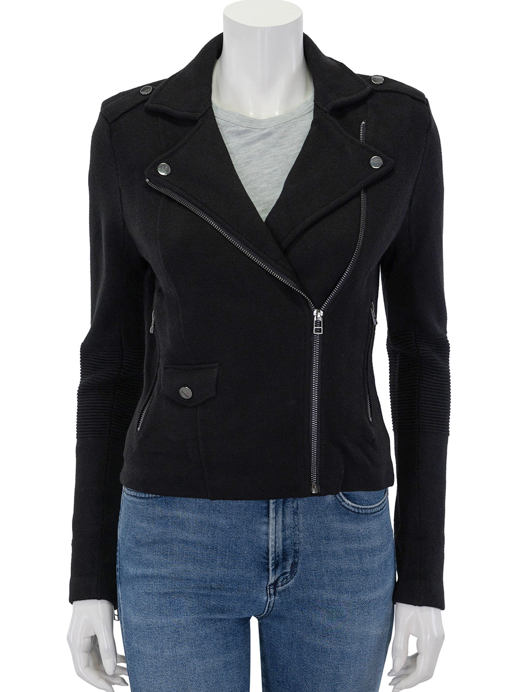 Front view of Minnie Rose's cotton blend moto jacket in black, zipped.