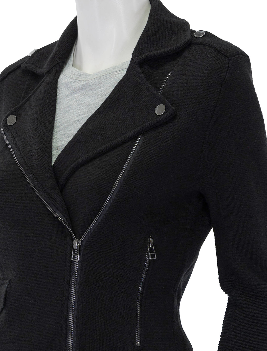 Close-up view of Minnie Rose's cotton blend moto jacket in black.