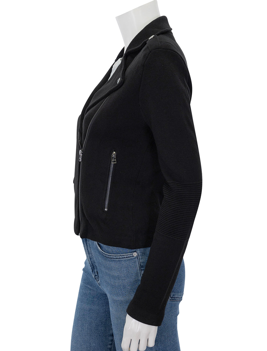 Side view of Minnie Rose's cotton blend moto jacket in black.