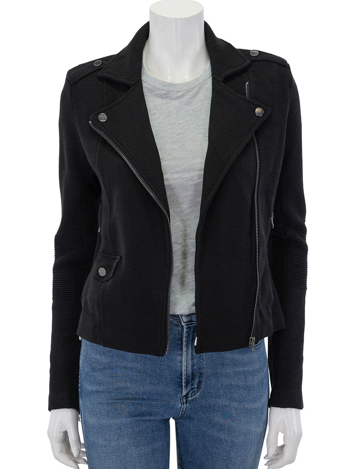 Front view of Minnie Rose's cotton blend moto jacket in black, unzipped.