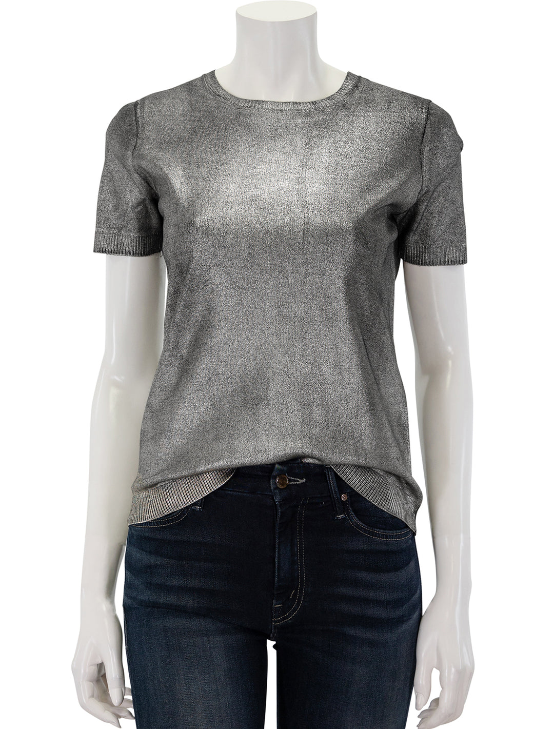 Front view of Minnie Rose's viscose metallic print crew tee in silver.