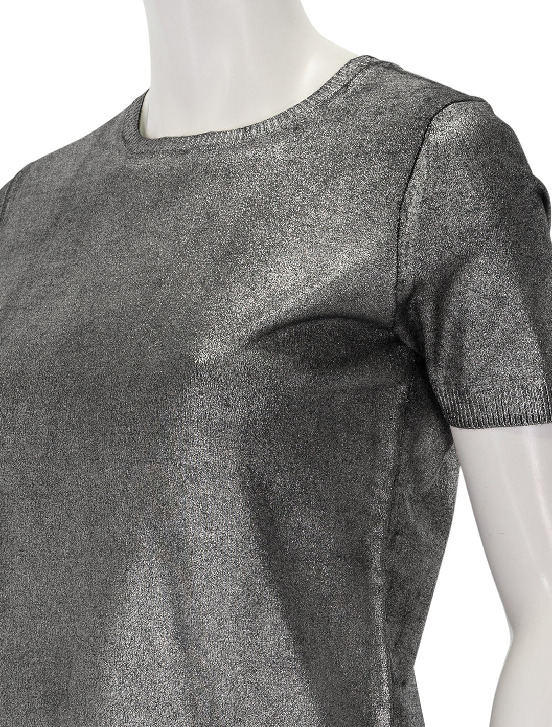 Close-up view of Minnie Rose's viscose metallic print crew tee in silver.