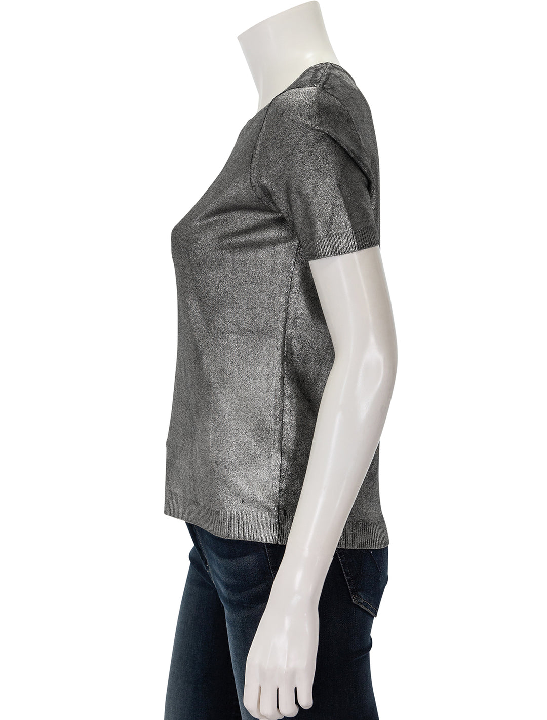 Side view of Minnie Rose's viscose metallic print crew tee in silver.