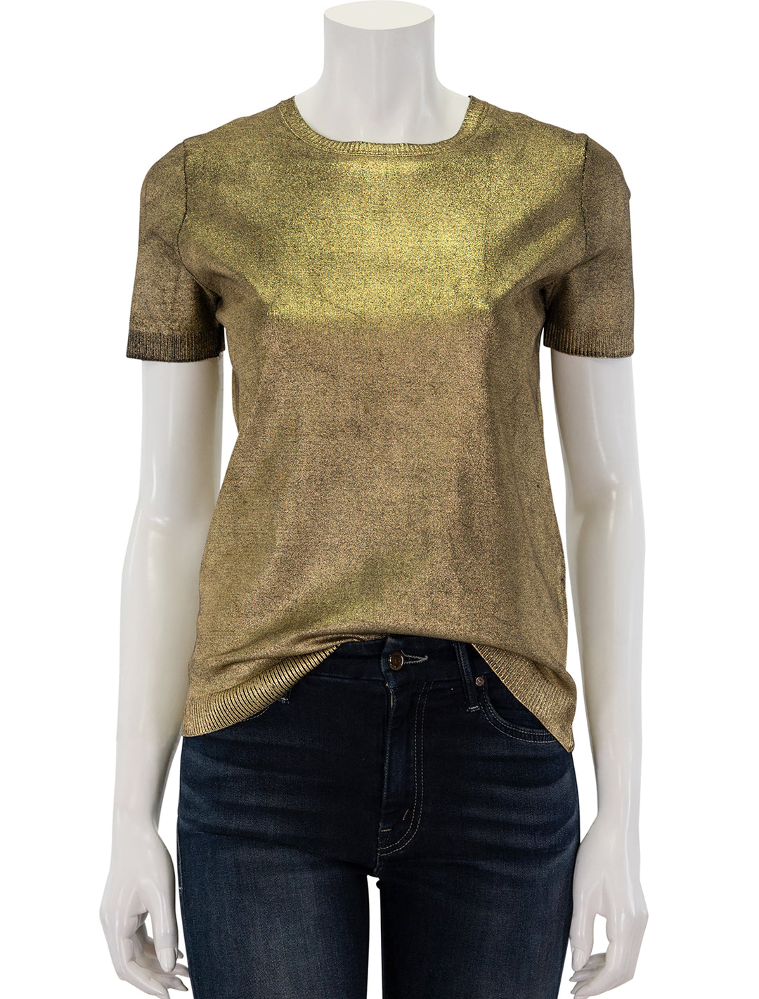 Front view of Minnie Rose's viscose metallic print crew tee in gold.