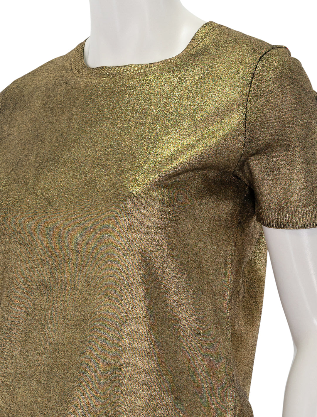 Close-up view of Minnie Rose's viscose metallic print crew tee in gold.