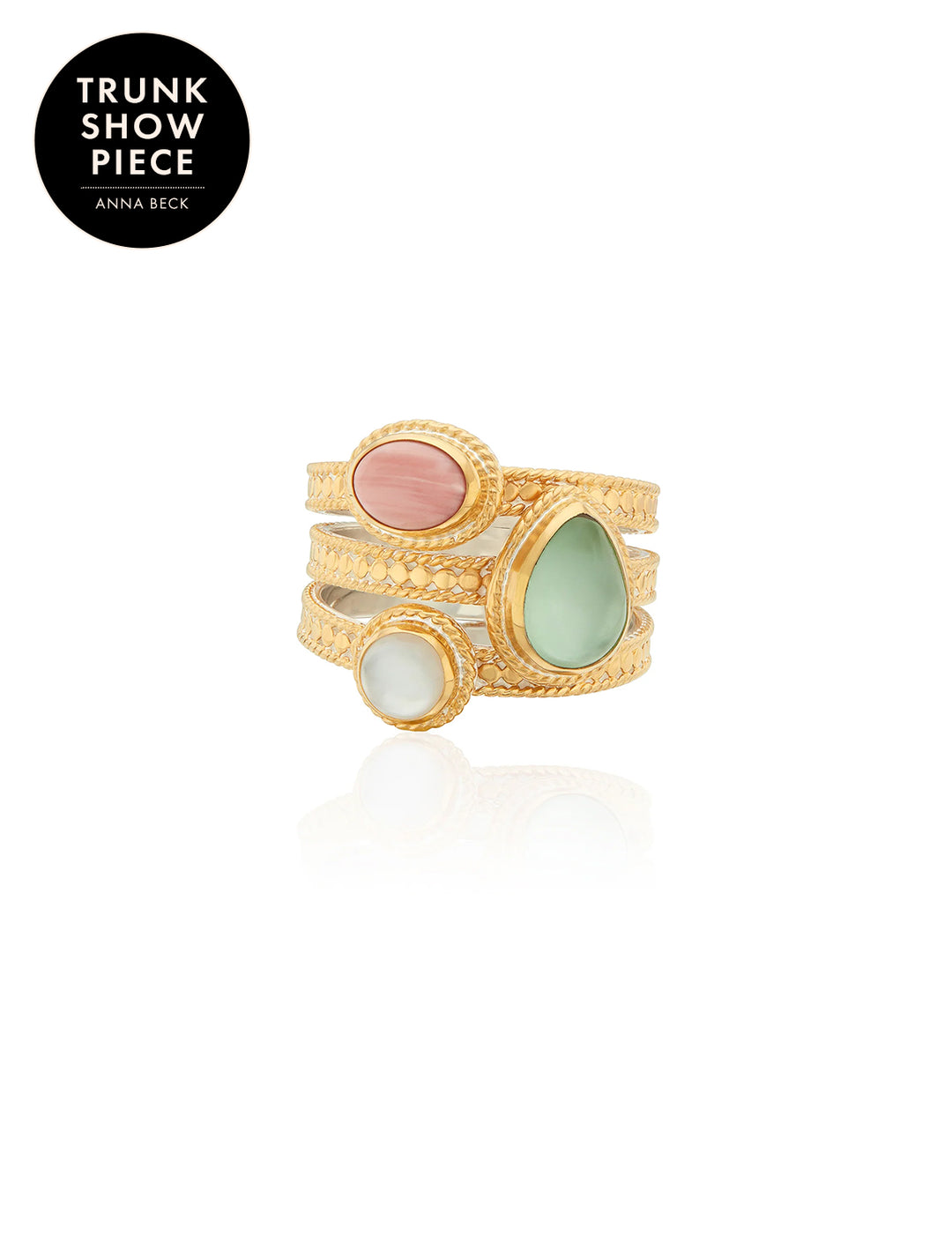 pink opal, green quartz and mop faux stacked ring set