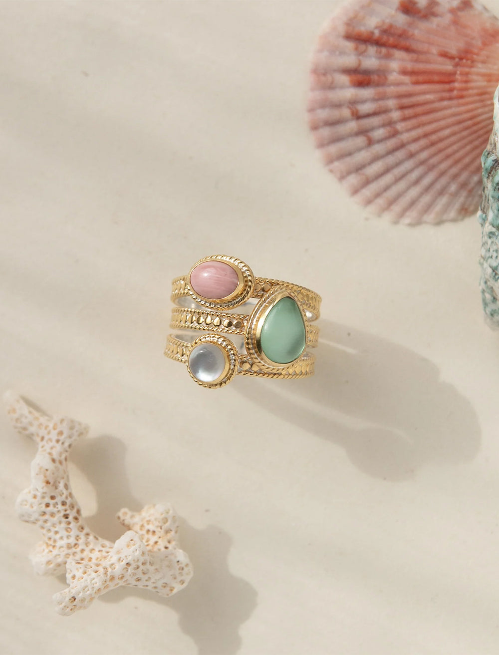 pink opal, green quartz and mop faux stacked ring set (2)