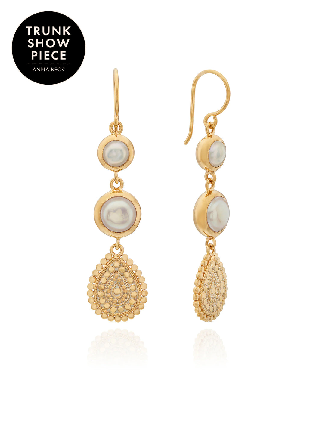 pearl scalloped triple drop earrings in gold