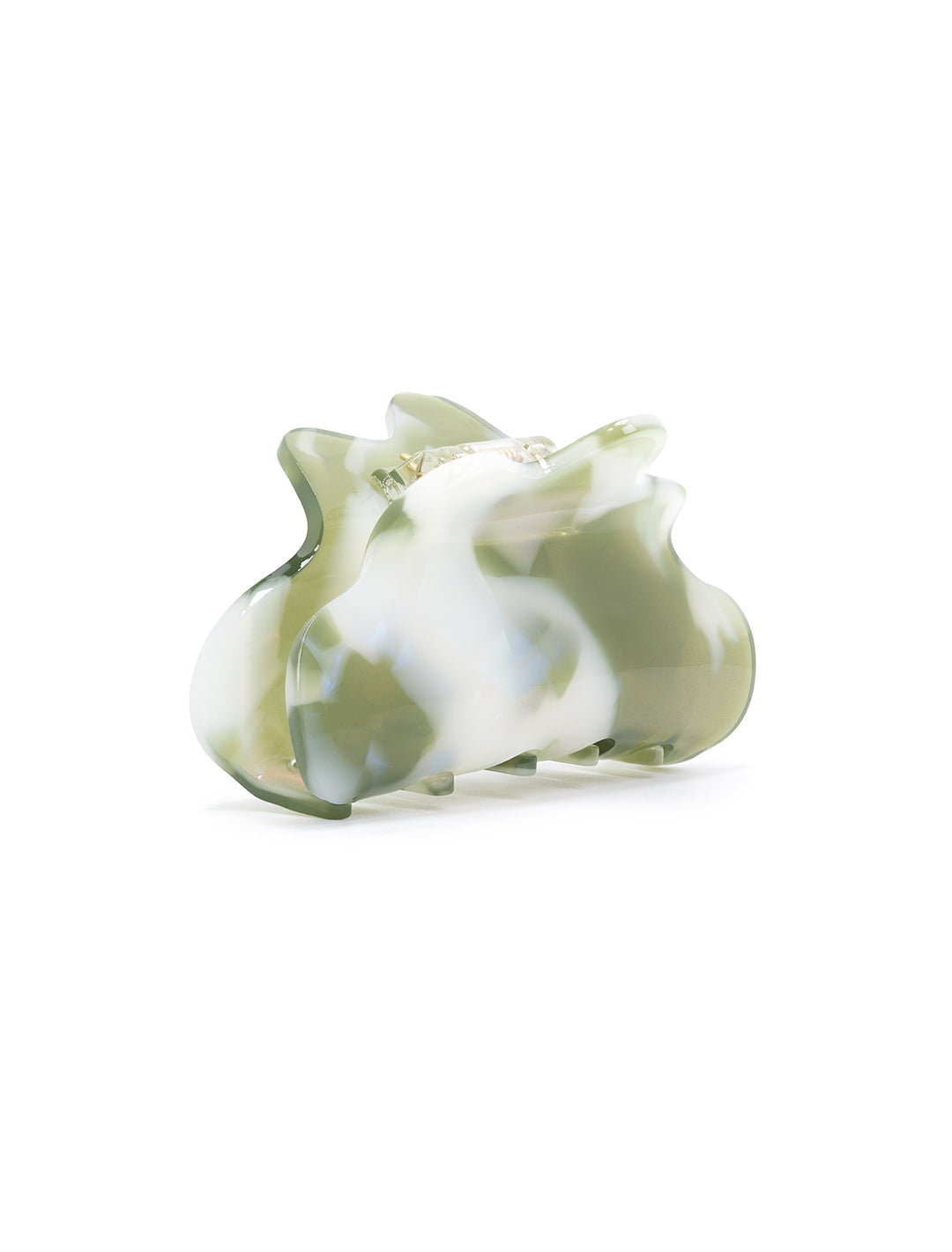 Front angle view of Tiepology's eco cloud hair claw clip in olive pearl.