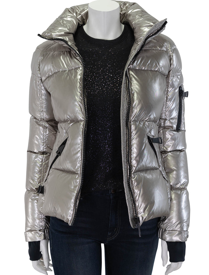 Front view of SAM's freestyle jacket in pyrite, unzipped.