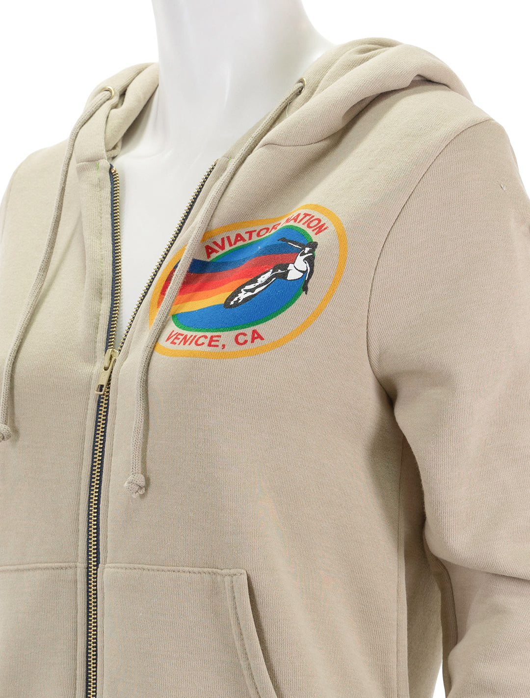 close up view of aviator nation zip hoodie in sand