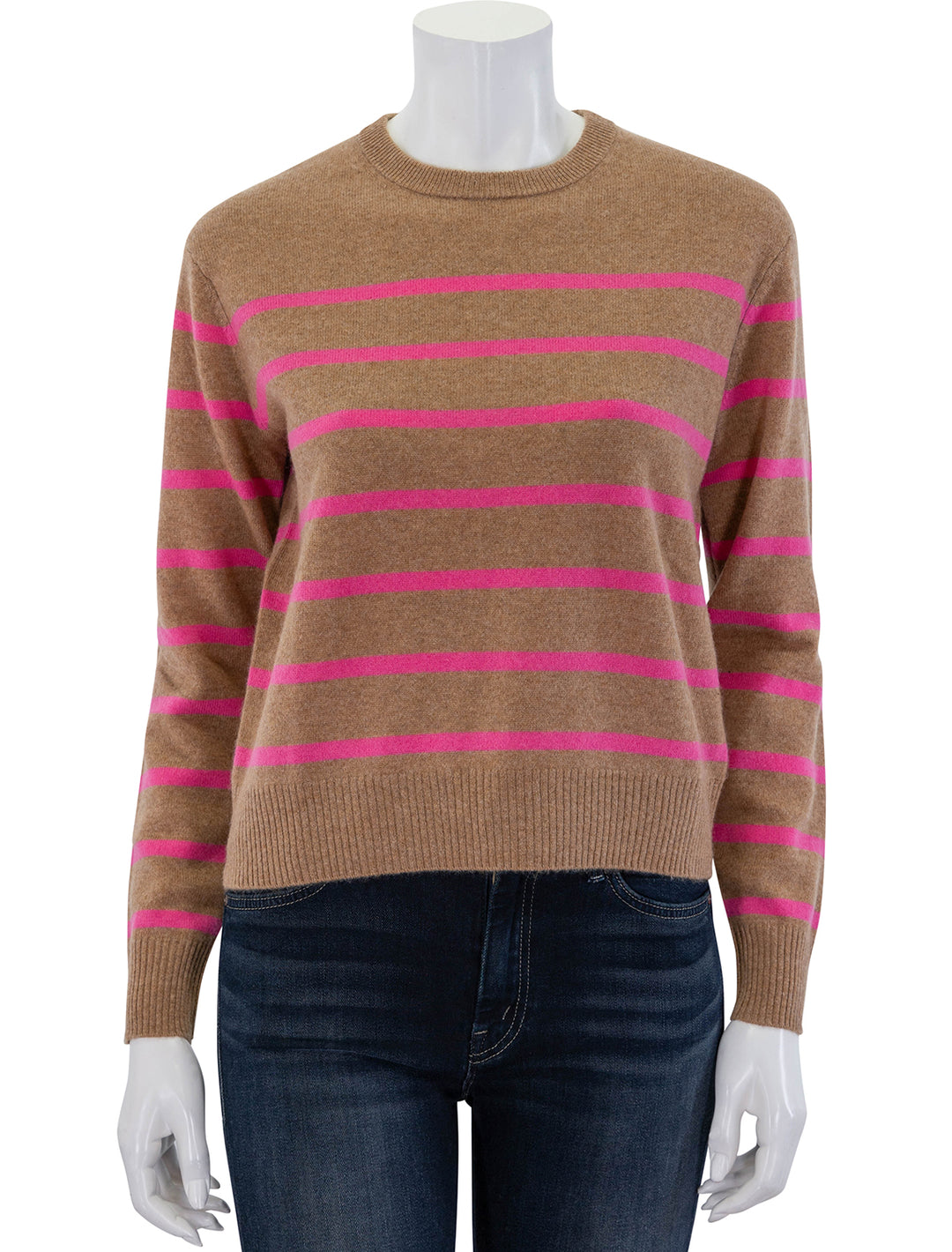 Front view of Marine Layer's harper striped cashmere sweater in camel and pink.