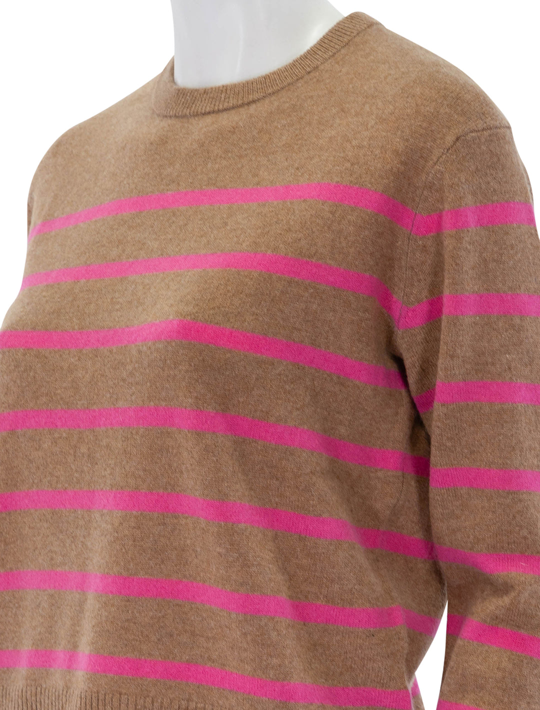 Close-up view of Marine Layer's harper striped cashmere sweater in camel and pink.