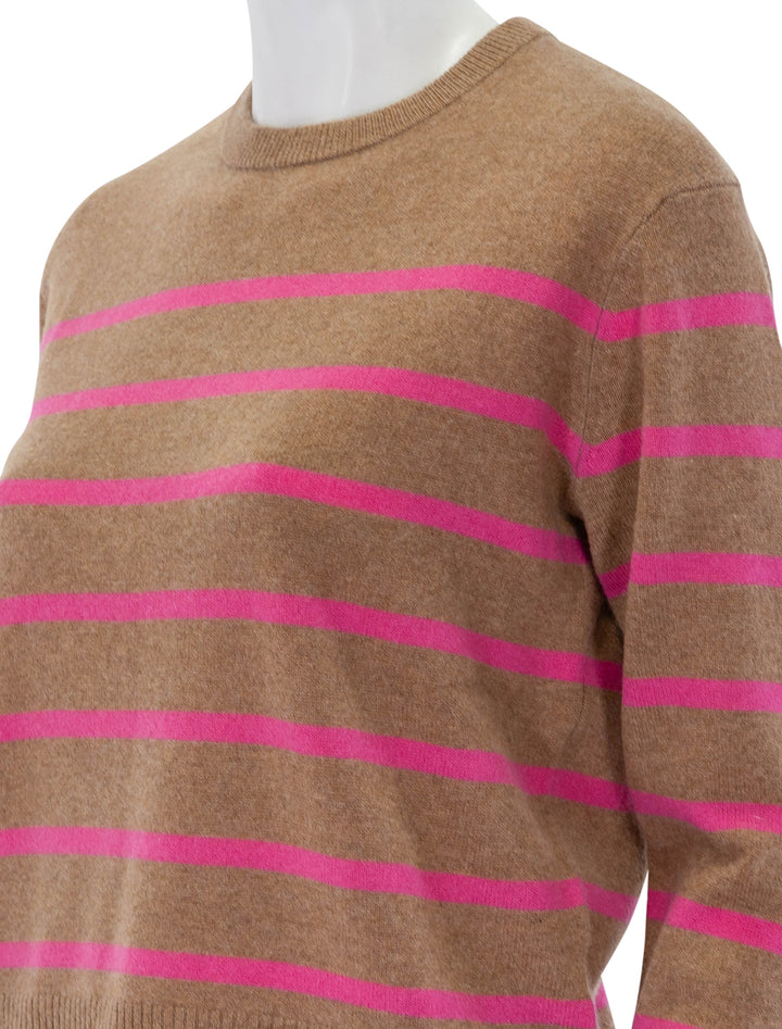 Close-up view of Marine Layer's harper striped cashmere sweater in camel and pink.