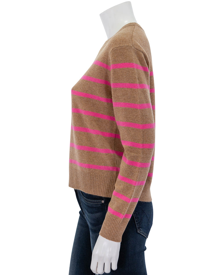 Side view of Marine Layer's harper striped cashmere sweater in camel and pink.