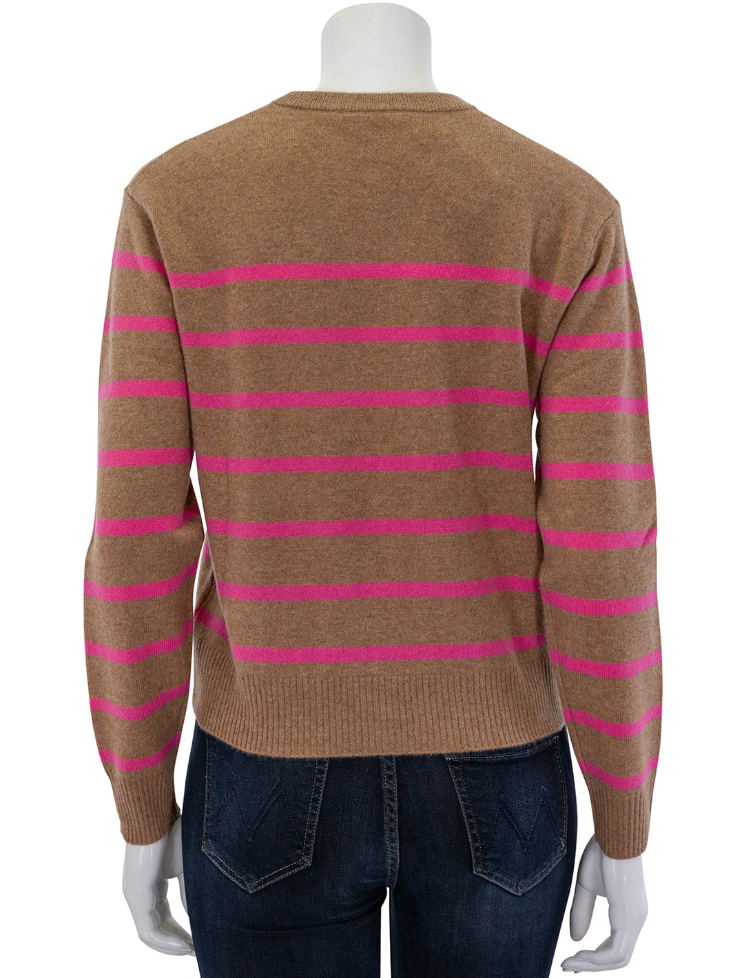 Back view of Marine Layer's harper striped cashmere sweater in camel and pink.