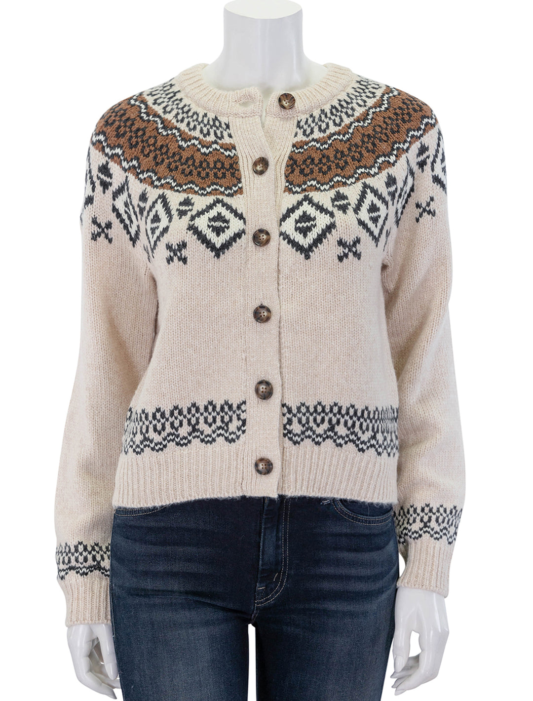 Front view of Marine Layer's ava fair isle cardigan in oatmeal.