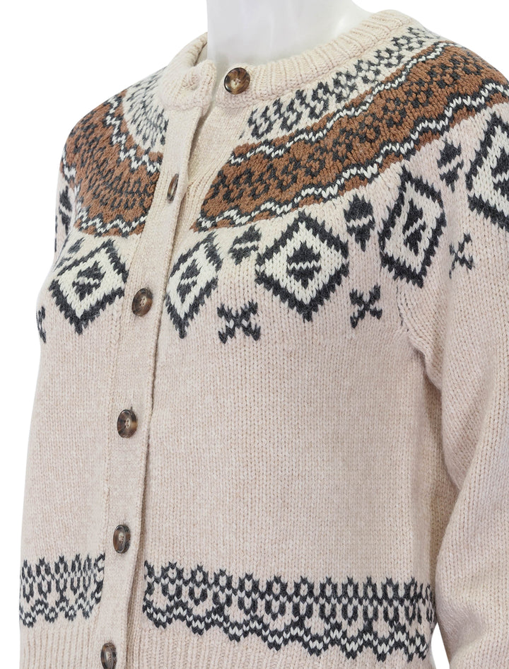 Close-up view of Marine Layer's ava fair isle cardigan in oatmeal.