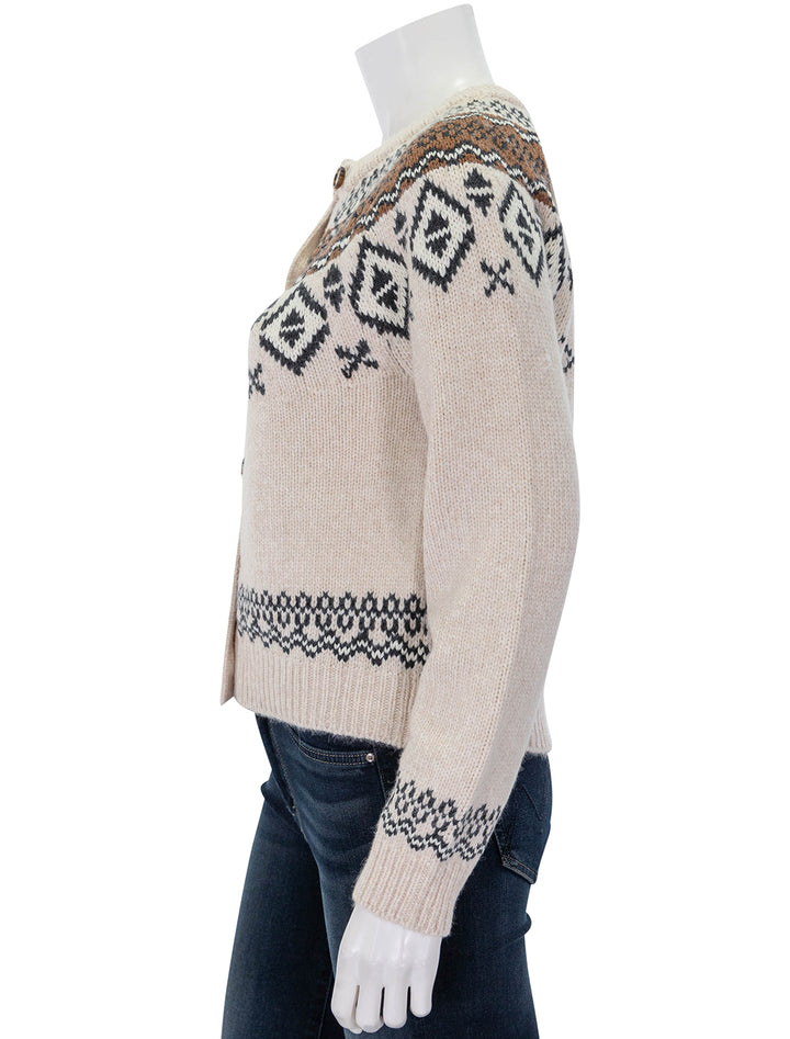 Side view of Marine Layer's ava fair isle cardigan in oatmeal.