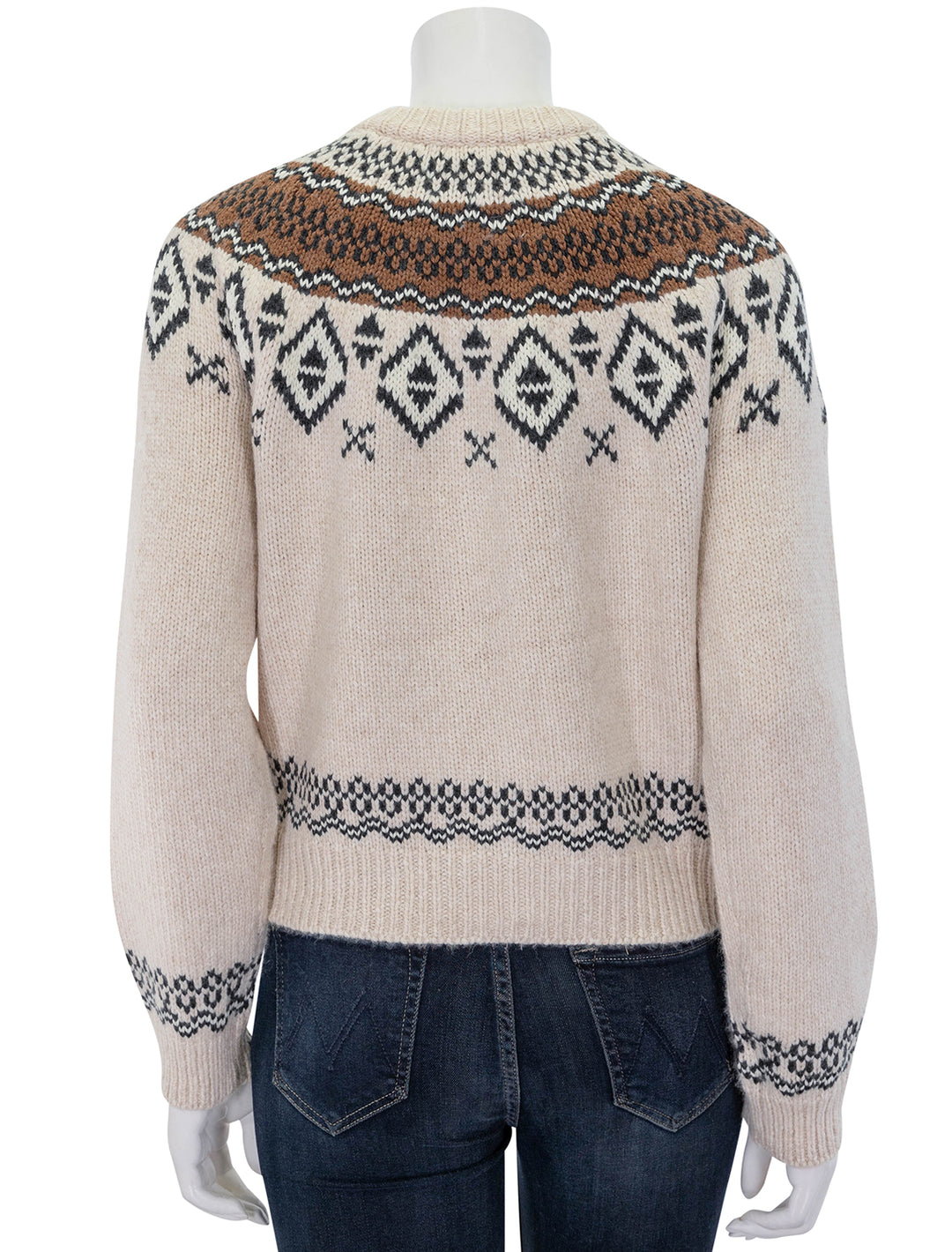 Back view of Marine Layer's ava fair isle cardigan in oatmeal.