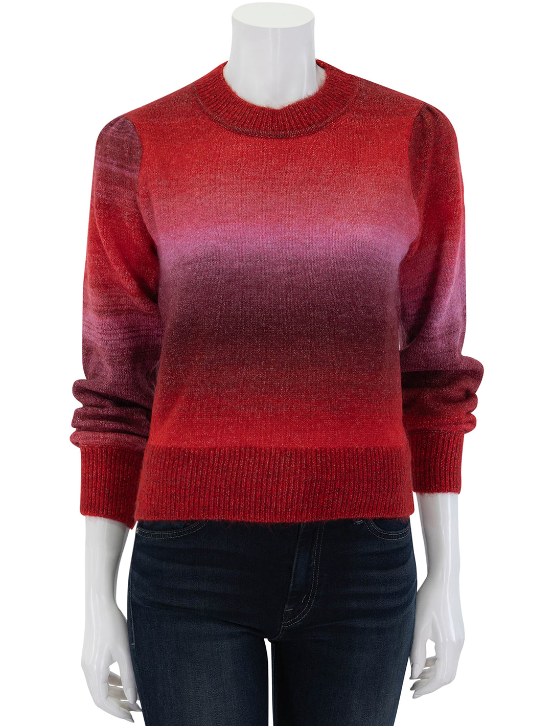 Front view of Marine Layer's alma puff sleeve sweater in warm ombre.