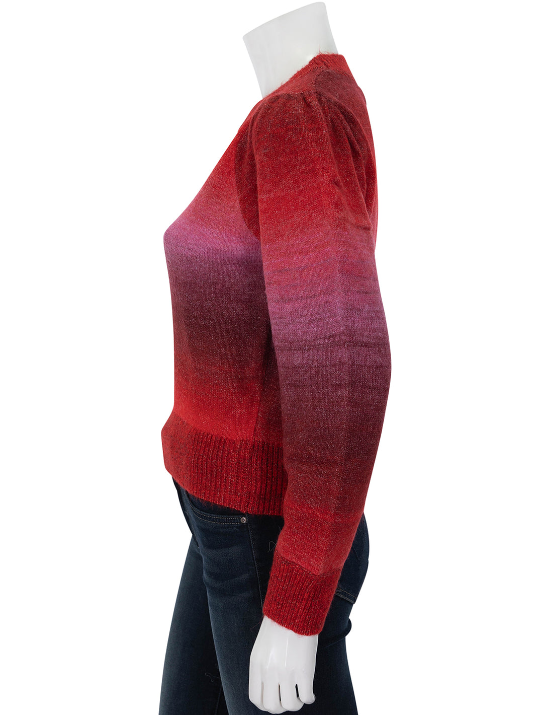 Side view of Marine Layer's alma puff sleeve sweater in warm ombre.