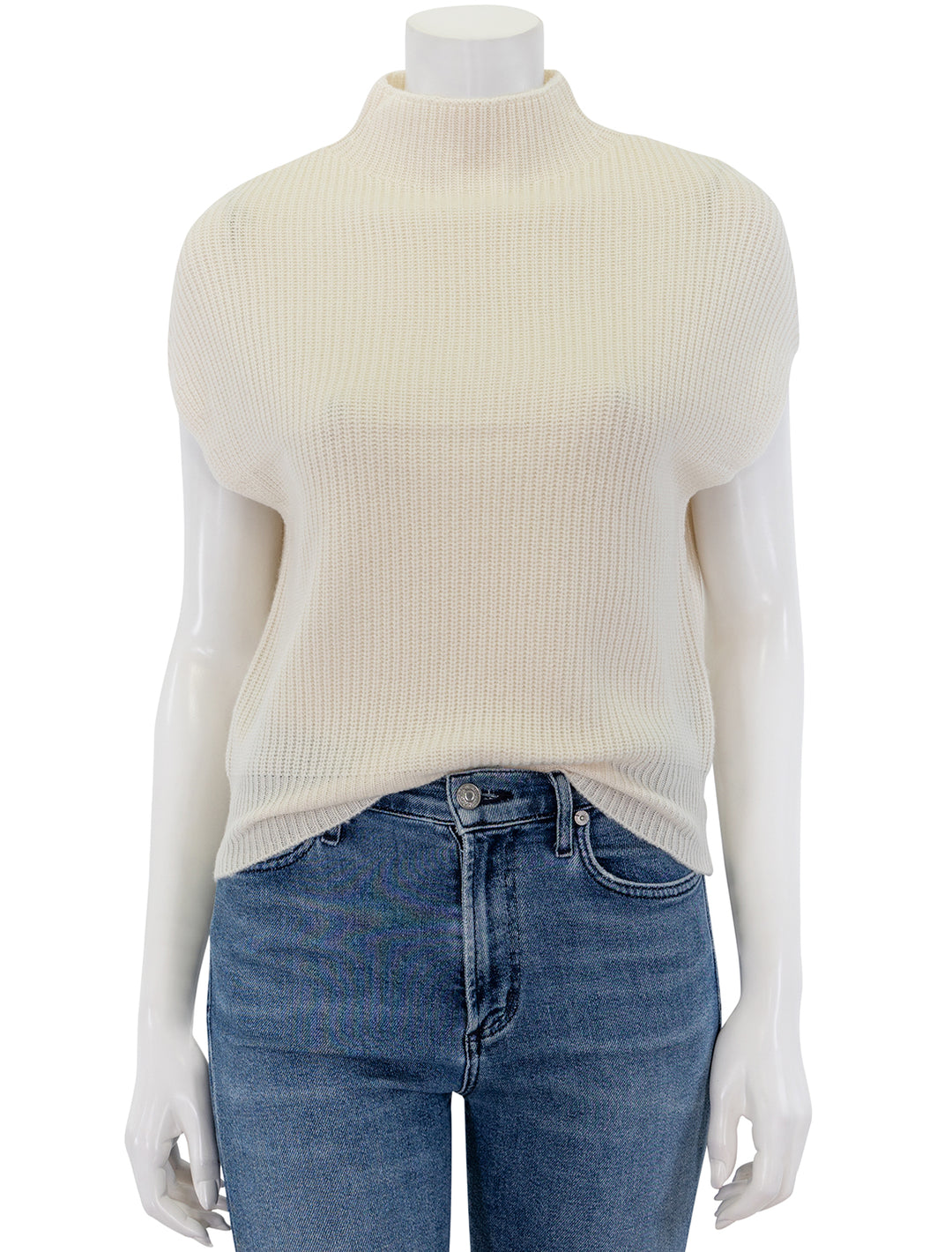 Front view of Lilla P.'s ribbed funnel neck sweater in ivory.