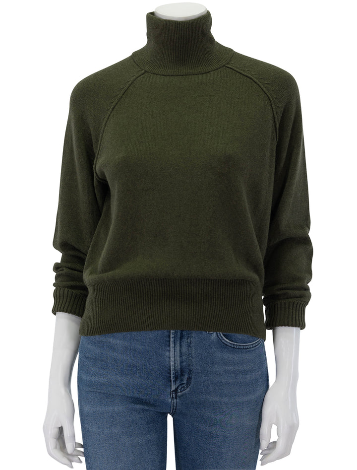 Front view of Lilla P.'s raglan cotton cashmere turtleneck in loden.