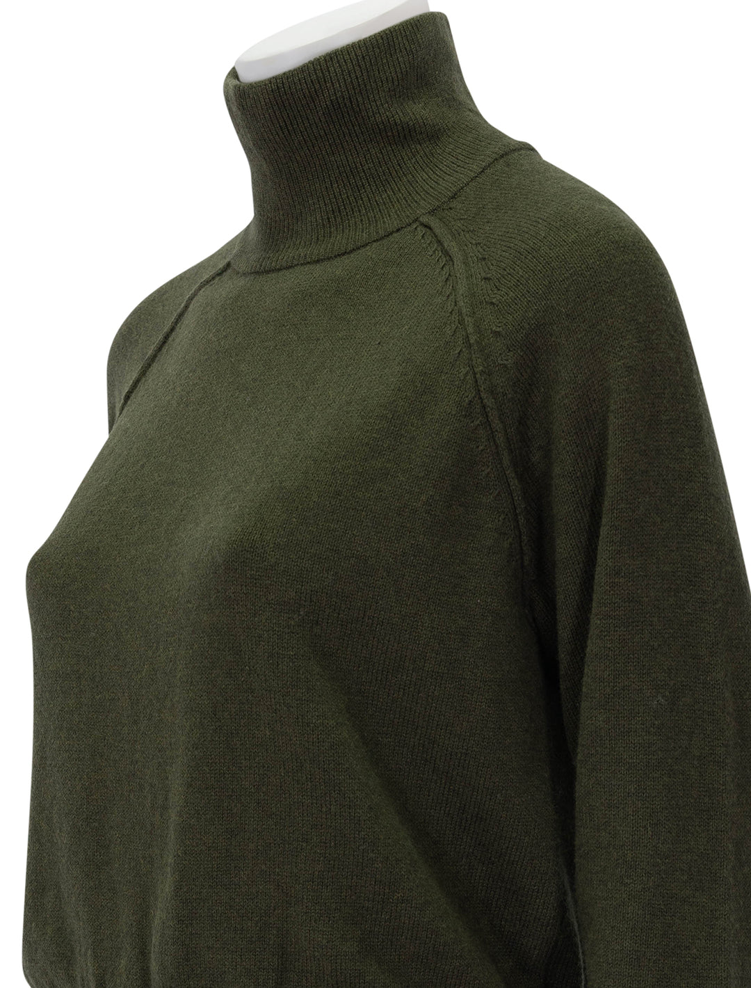 Close-up view of Lilla P.'s raglan cotton cashmere turtleneck in loden.