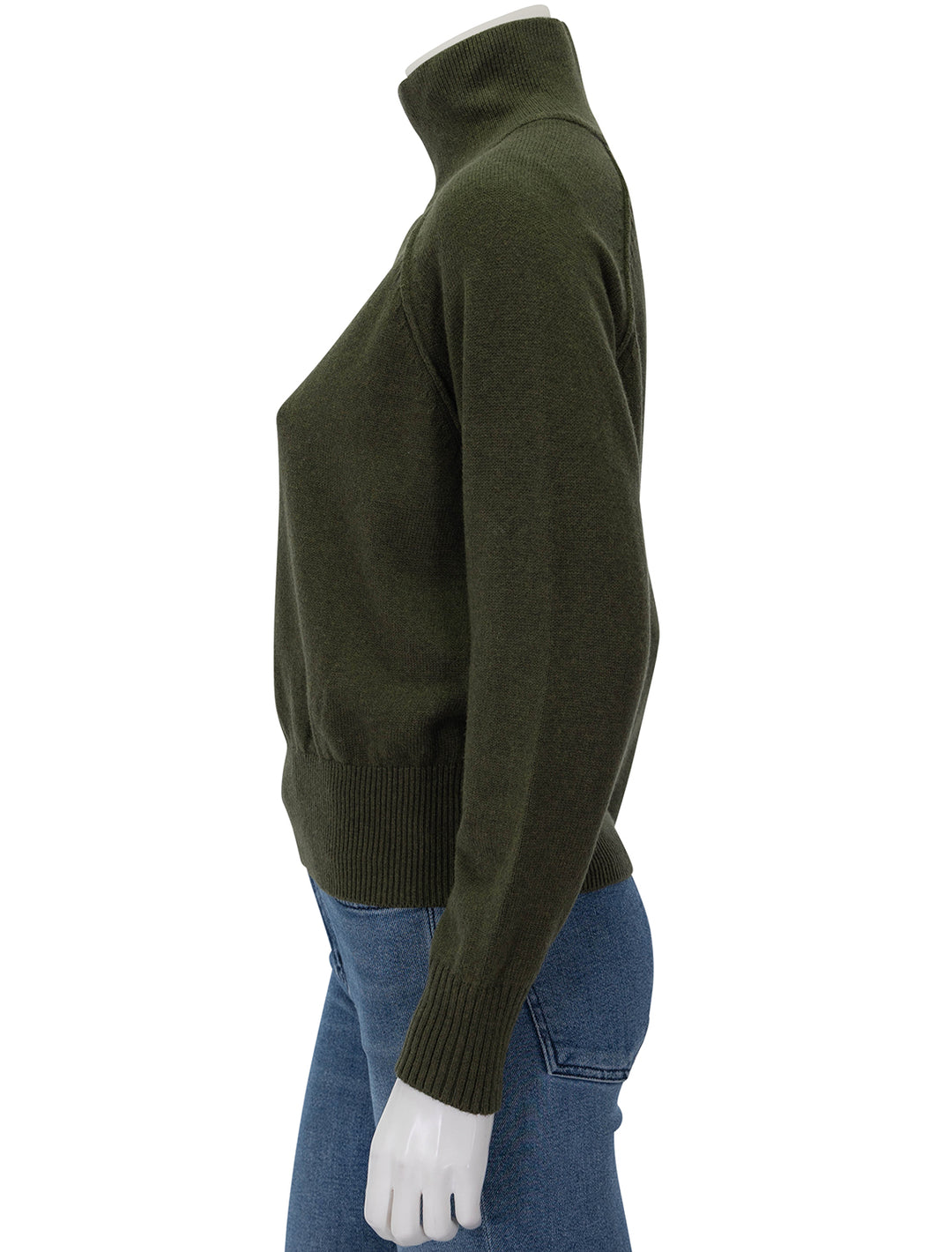 Side view of Lilla P.'s raglan cotton cashmere turtleneck in loden.