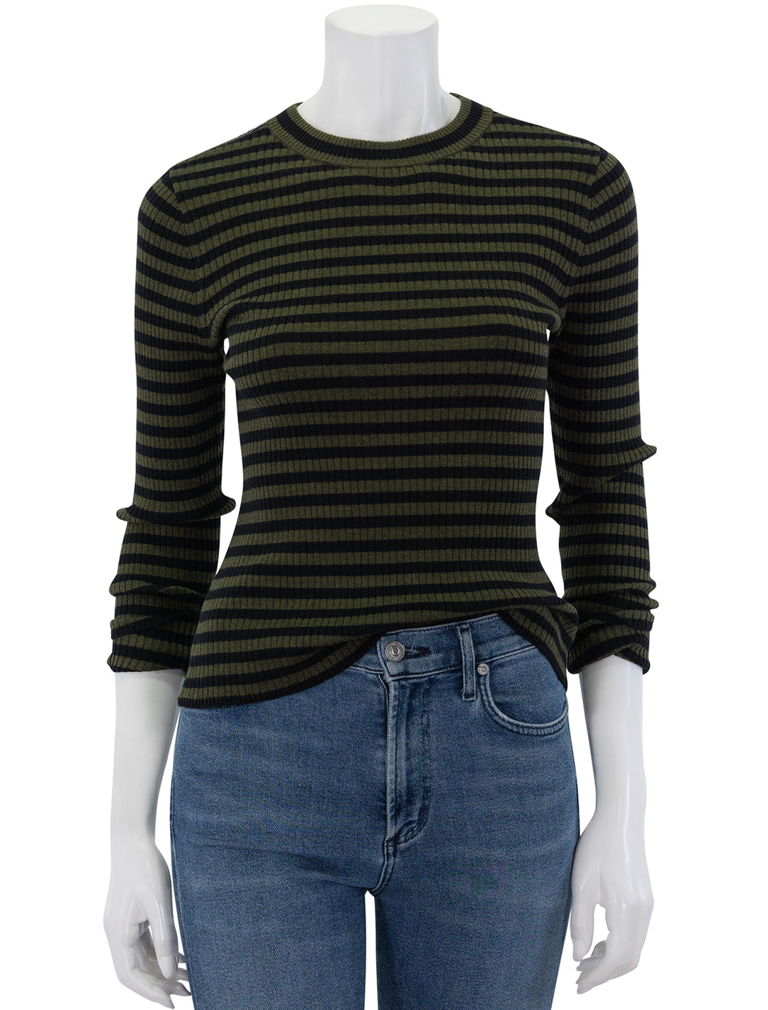 Front view of Lilla P.'s striped cotton cashmere ribbed sweater.