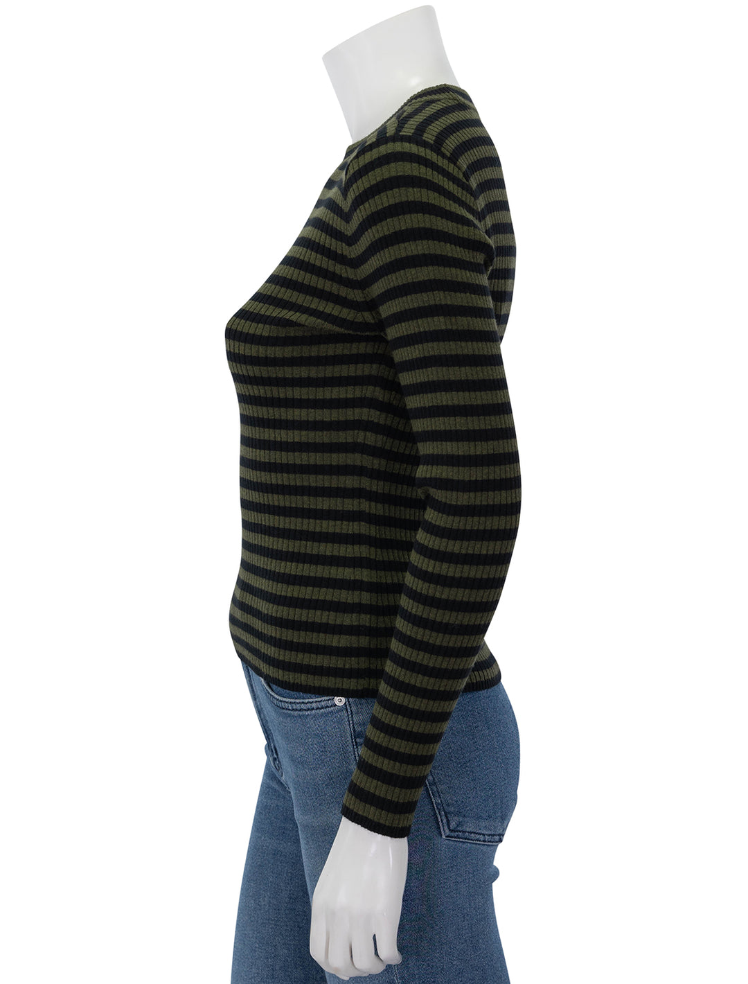 Side view of Lilla P.'s striped cotton cashmere ribbed sweater.