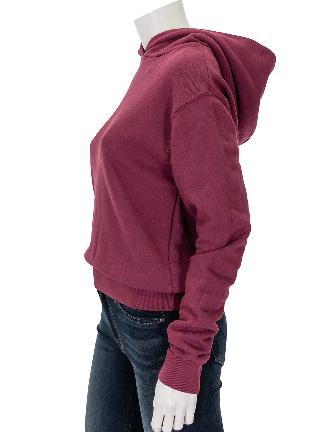 Side view of Perfectwhitetee's heart hoodie in cranberry.