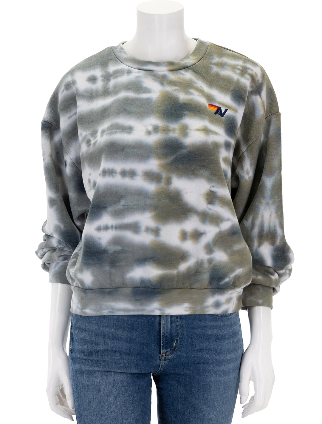 Front view of Aviator Nation's hand dyed crew sweatshirt in grey/olive tie dye.