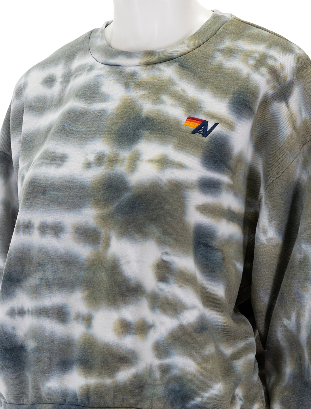 Close-up view of Aviator Nation's hand dyed crew sweatshirt in grey/olive tie dye.