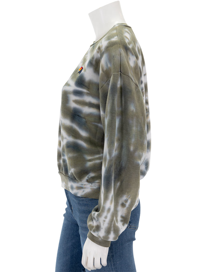 Side view of Aviator Nation's hand dyed crew sweatshirt in grey/olive tie dye.