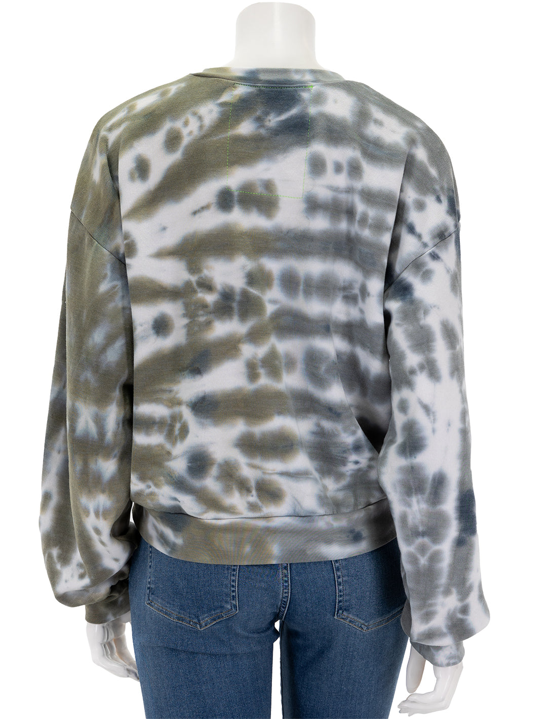 Back view of Aviator Nation's hand dyed crew sweatshirt in grey/olive tie dye.