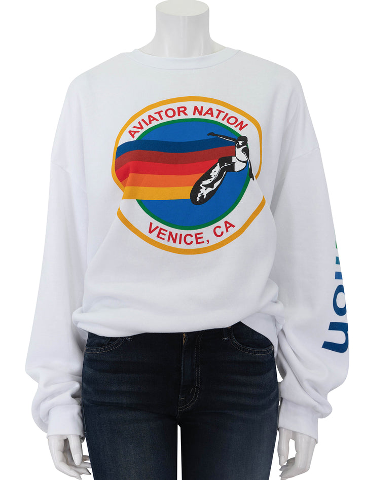 Front view of Aviator Nation's aviator nation crew sweatshirt in white.