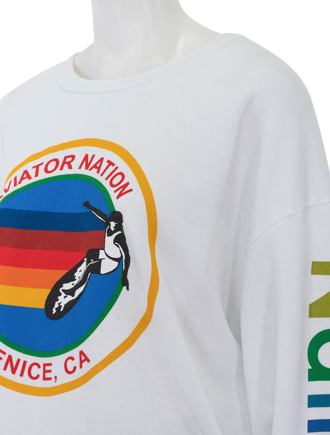 Close-up view of Aviator Nation's aviator nation crew sweatshirt in white.