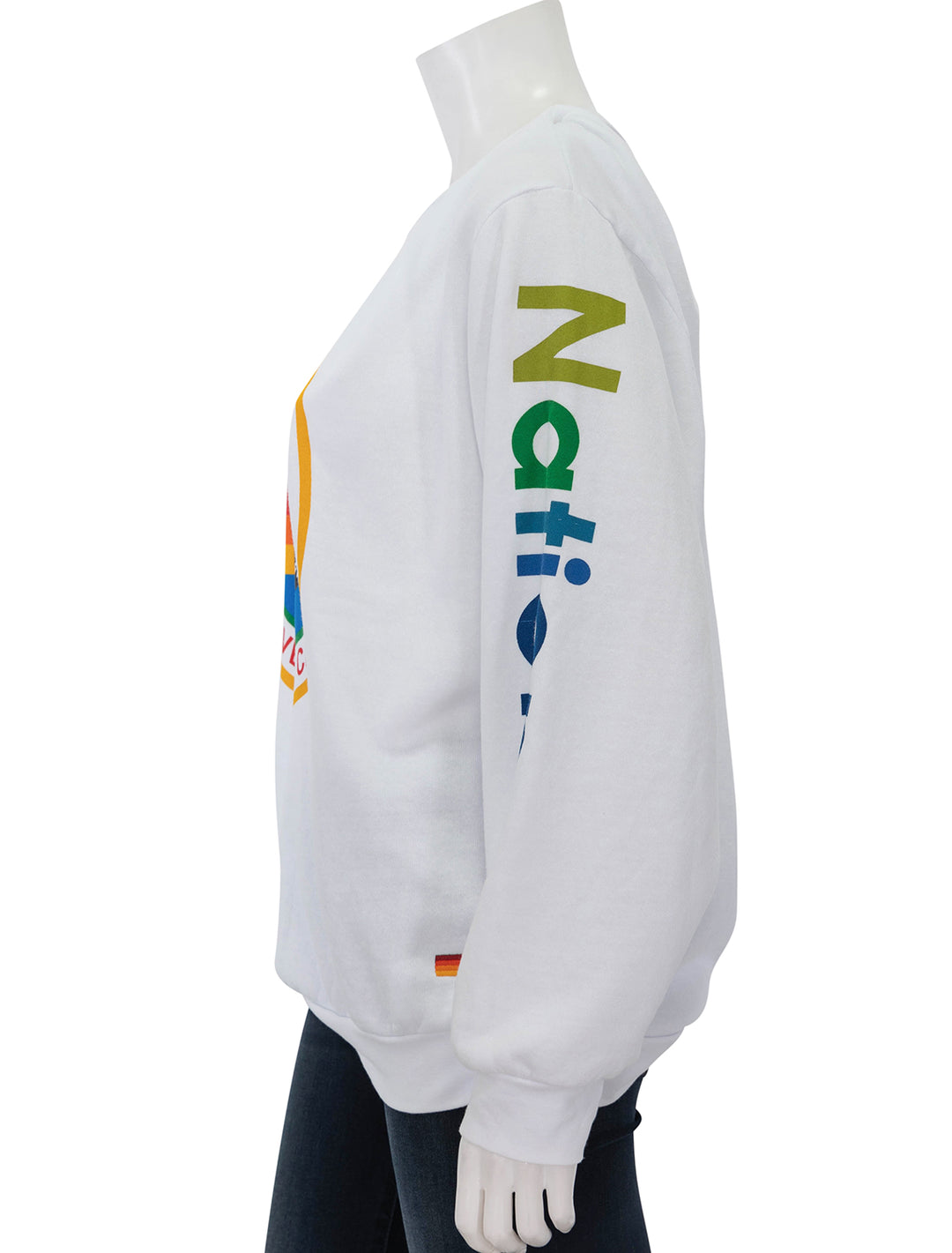 Side view of Aviator Nation's aviator nation crew sweatshirt in white.