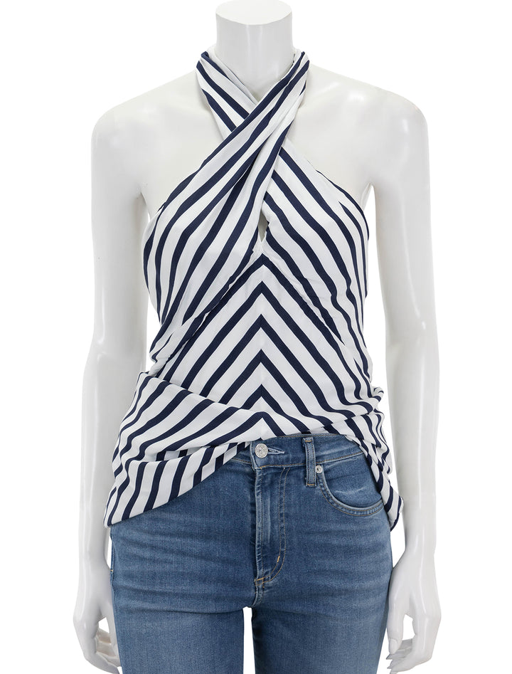 front view of dawn top in white and navy stripe