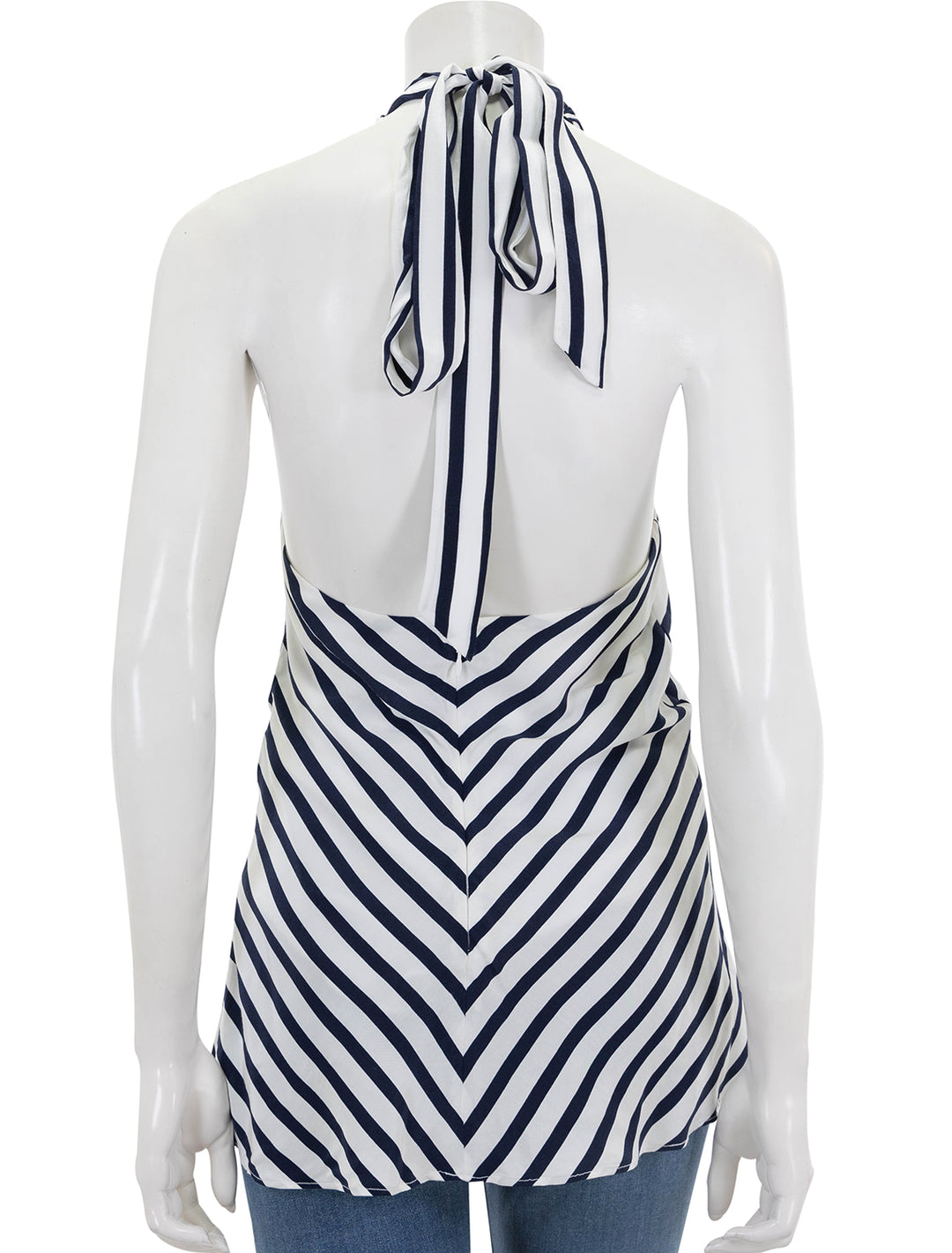 back view of dawn top in white and navy stripe