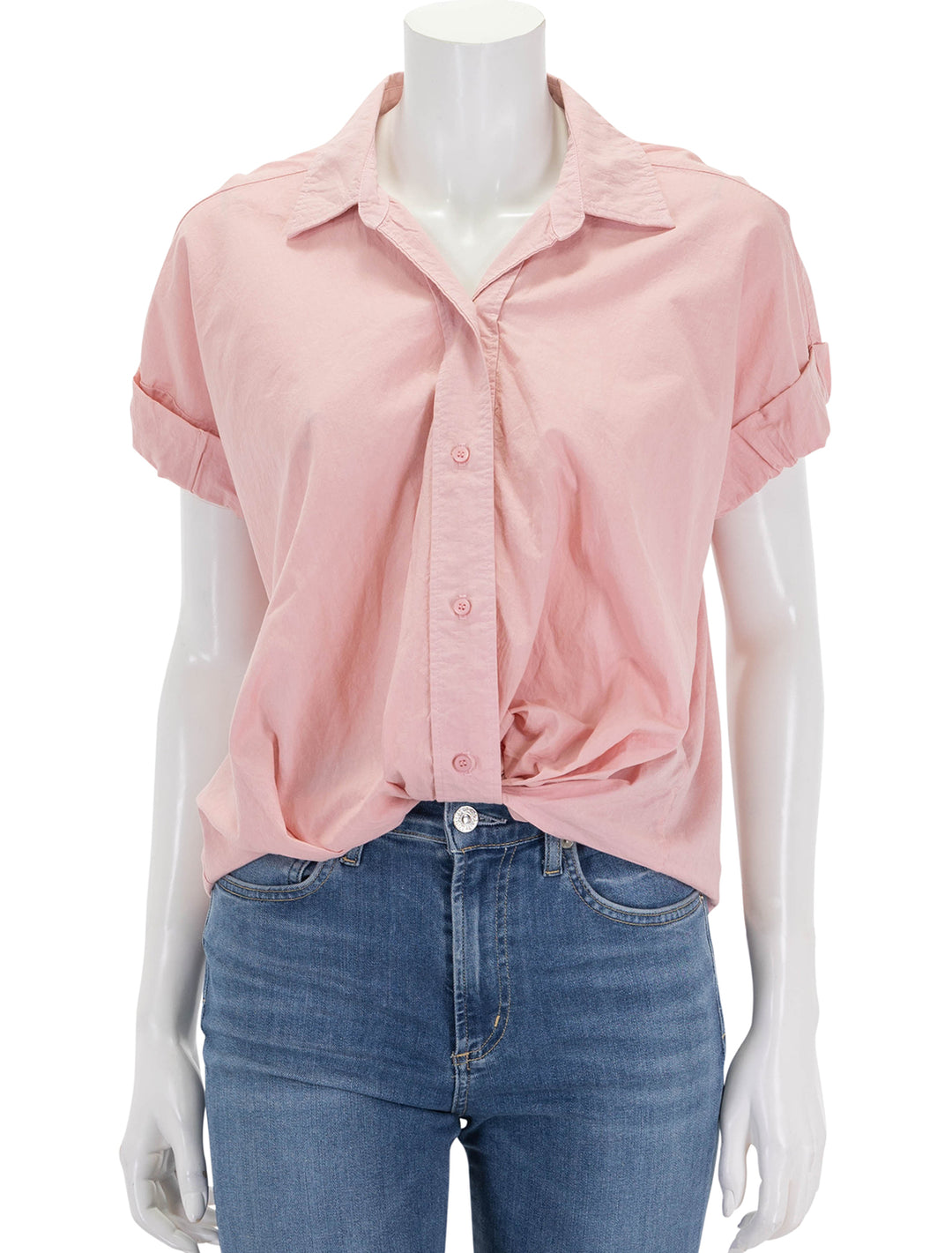 Front view of Stateside's voile s/s twist front shirt in lipstick pink.